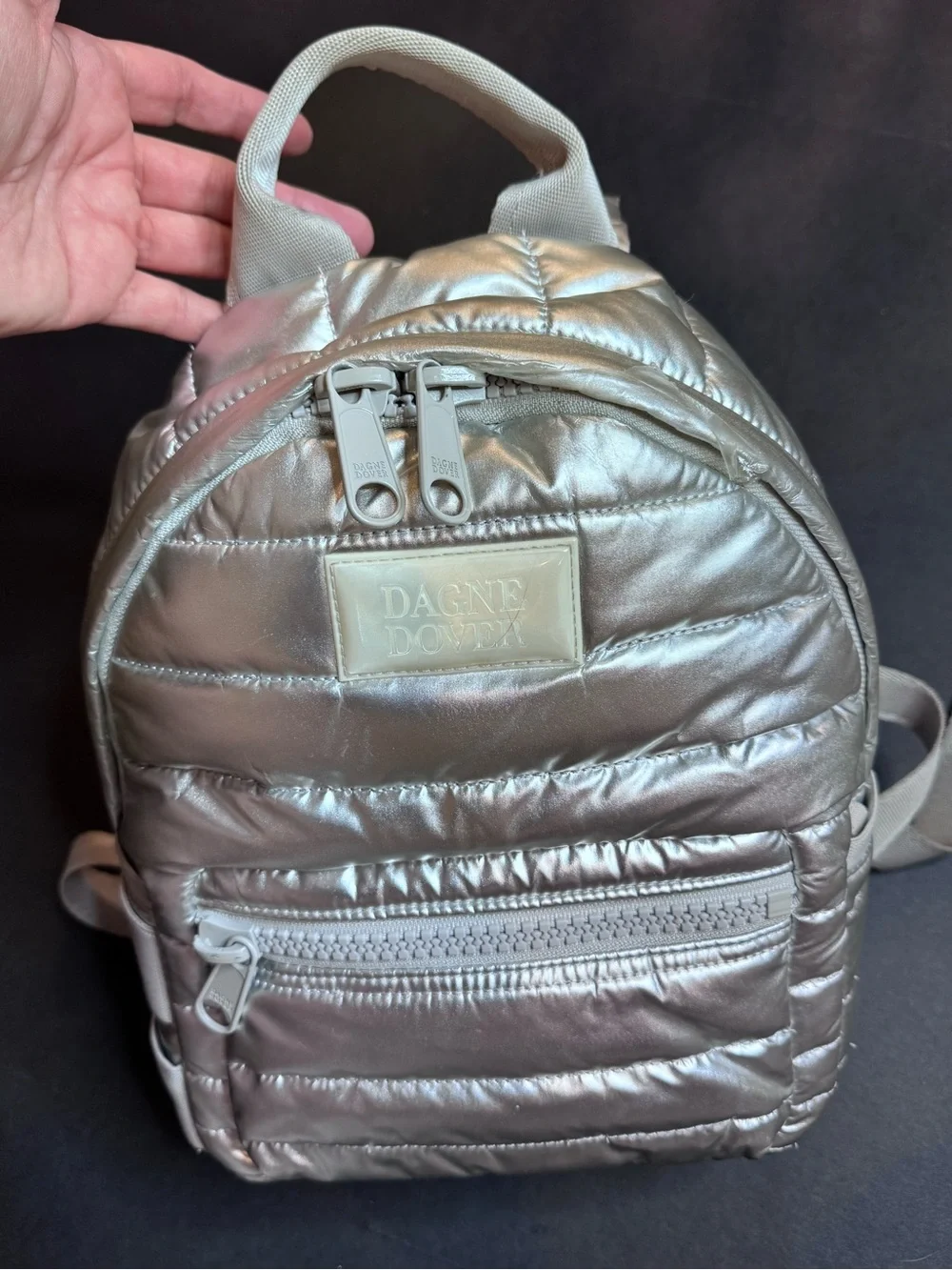 Dagne Dover Silver Quilted Mini Backpack Metallic Lightweight Travel Bag